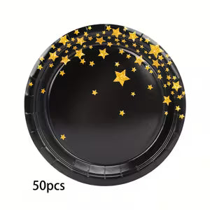 50pcs Black and Golden Paper Dessert Plates 17.78 cm