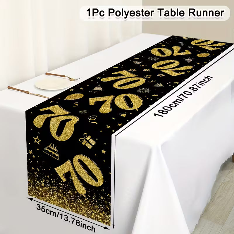 (70) Golden & Black Polyester Birthday Table Cover