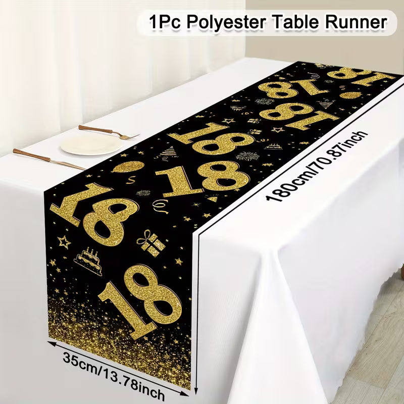 (18) Golden & Black Polyester Birthday Table Cover