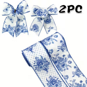 Elegant 2-Roll White & Blue Chinoiserie Wired Edge Ribbon