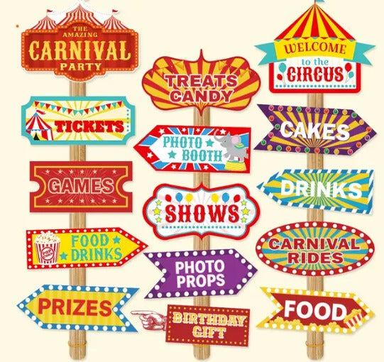 15pcs Carnival Party Photo Booth Props & Directional Signs