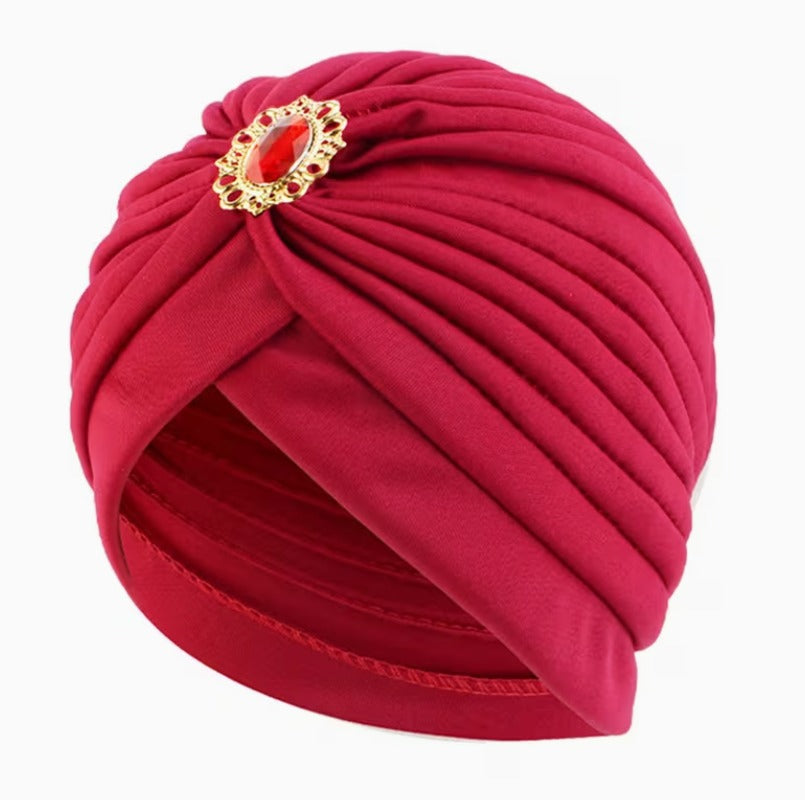 Vintage Rhinestone Headscarf Beanie Hat - Red