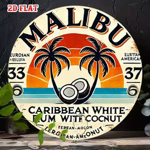 Round Vintage Metal Signs - "Malibu" with Palm Trees