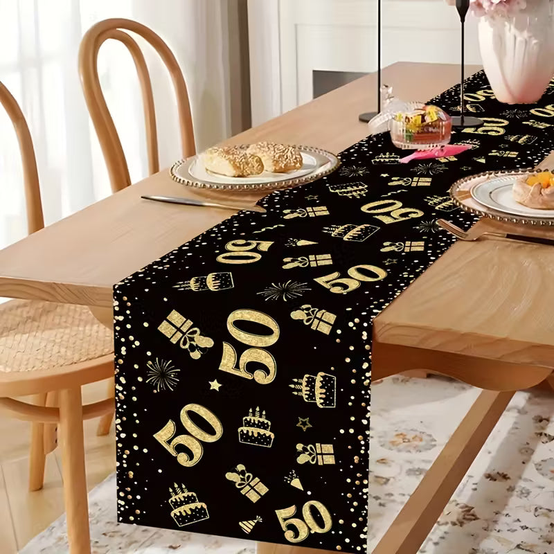 50th Birthday Black Golden Polyester Table Runner