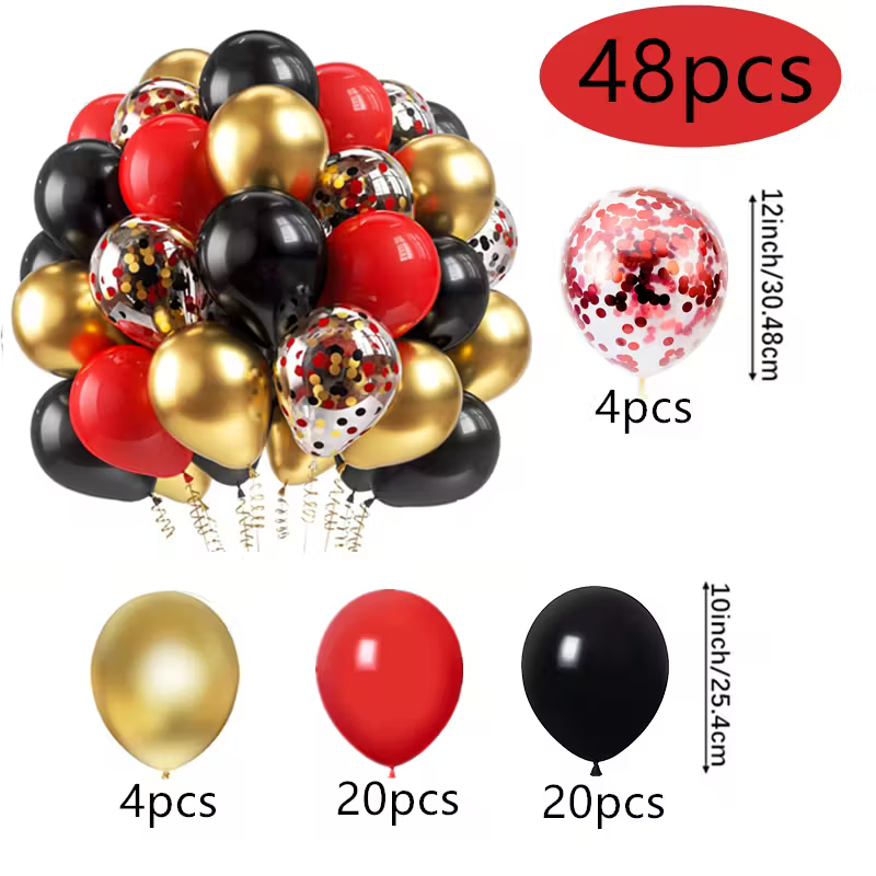 48pcs Red Black Golden Balloons