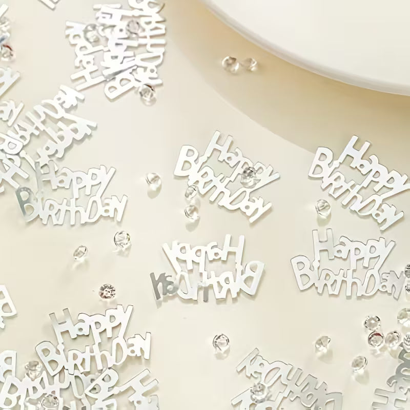 Silver “Happy Birthday” Confetti with Gems