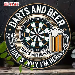 Round Metal Wall Art - Vintage Dartboard & Beer Mug