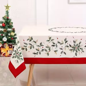 1pc Christmas Tablecloth with Leaf Print and Red Border - Festive Polyester Rectangular Table Cover for Holiday Dining, Party Decor, and Formal Gatherings Word (140x240cm/55x94inch / Color1)