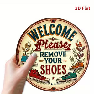Round Vintage Metal Sign -  "Welcome Please Remove Your Shoes"