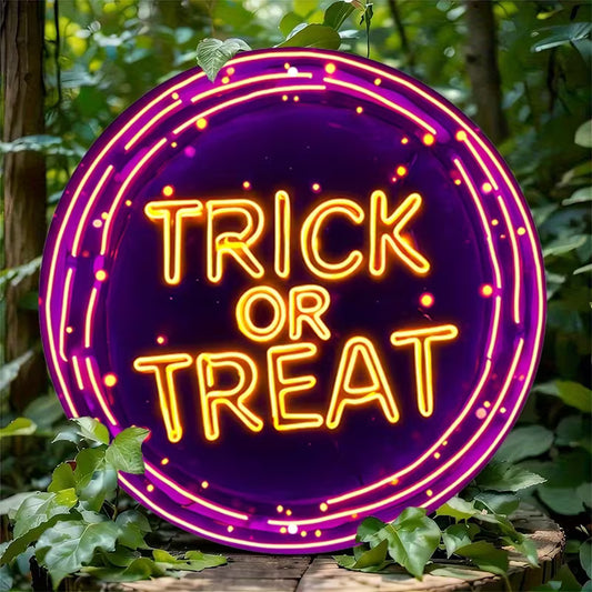 neon purple Round Aluminum Sign, spooky theme Metal Tin Sign