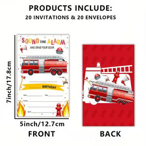 Cartoon Fire Truck Birthday Party Invitations with Envelopes