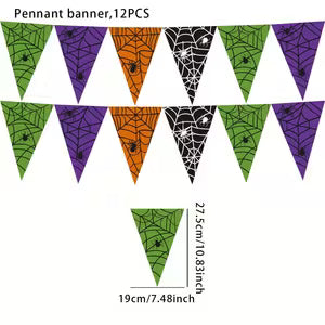 Halloween party decorations, purple, orange and black hanging spider web triangular flag banner decorations, suitable for Halloween graduation carnival, bachelor engagement, wedding, birthday and outdoor activities