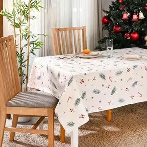 1pc Festive Christmas Tablecloth - Holiday Dining Decor with Holly, Snowflakes & Pine Branches Design, Machine- Linen, Rectangular Shape, Available in Multiple Sizes (51x51/51x70/56x83/56x103 Inch), Christmas Table Decor Word (129.54x177.8 cm)