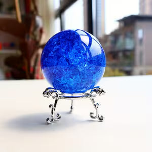 Blue Glass Crystal Ice Sphere with Ornate Metal Stand