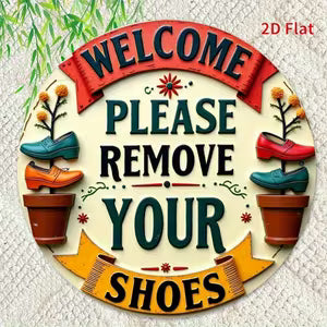 Vintage Round Metal Wall Sign - Printed Colorful Shoes And Potted Plants