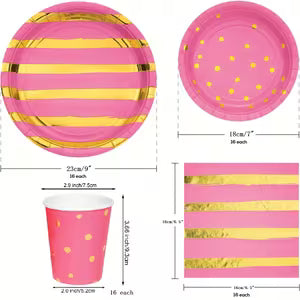 64pcs Hot Pink & Golden Party Supply Pack - Disposable Paper Dinnerware with Dot & Stripe Design, 16 Guest Capacity, Round Plates, Dessert Plates & Napkins for Birthdays, Weddings, Christmas, New Year, Valentine'S Day, P Word (64 Pcs Hot Pink Set)