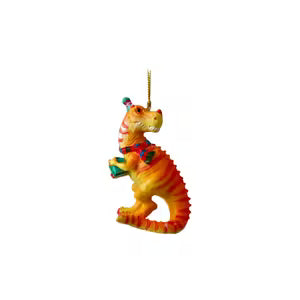 Christmas Tree Ornament - Dinosaur with Christmas Hat, Scarf and Gift