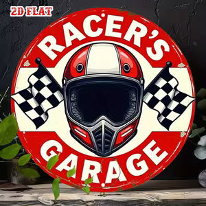 Round Vintage Wall Sign - Racer's Garage with Checkered Flag and Helmet