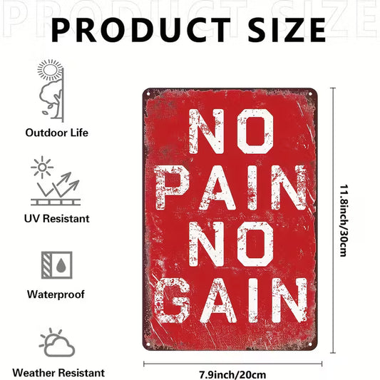 1pc Funny Gym Inspirational Quotes Decor Metal Tin Signs No Pain No Gain Sign Wall Decor For Home Office Living Room Gym Workout Positive Gift 20.32x30.48 Cm