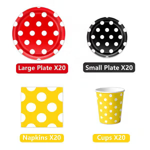 80pcs Red Polka Dot Paper Plate, red and black polka dot paper plates, disposable party tableware, set wrapping paper plates, paper plate box napkins, suitable for birthdays, parties, barbecues, picnics, suitable for 20  Word (80pcs)