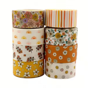 8 Rolls, 2.54 Cm X 4.57 Meter/Roll Yellow Flower Floral Printed Grosgrain Ribbon Set For Gift Wrapping Ribbon Holiday DIY Craft For Home Party Decor Word (25mm)