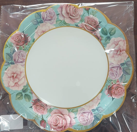 Green Floral Scalloped Edge Paper Plate