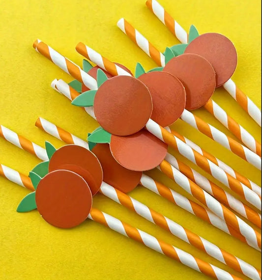 10-Piece Orange Striped Paper Straws with Fruit Toppers