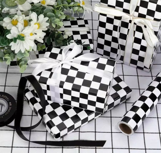 Roll White and Black Checkered Wrapping Paper