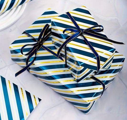 Graceful Blue and Golden Striped Gift Wrap Roll