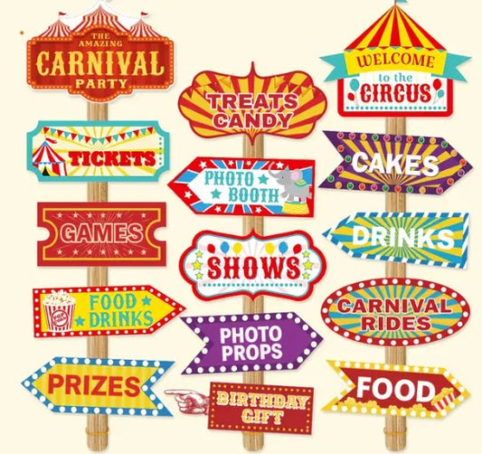 15pcs Carnival Party Photo Booth Props & Directional Signs