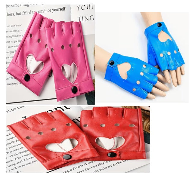Women's Half-Finger Punk PU Leather Gloves with Studs and Heart Design
