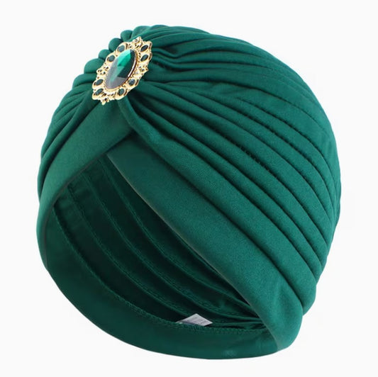 Vintage Rhinestone Headscarf Beanie Hat -Green