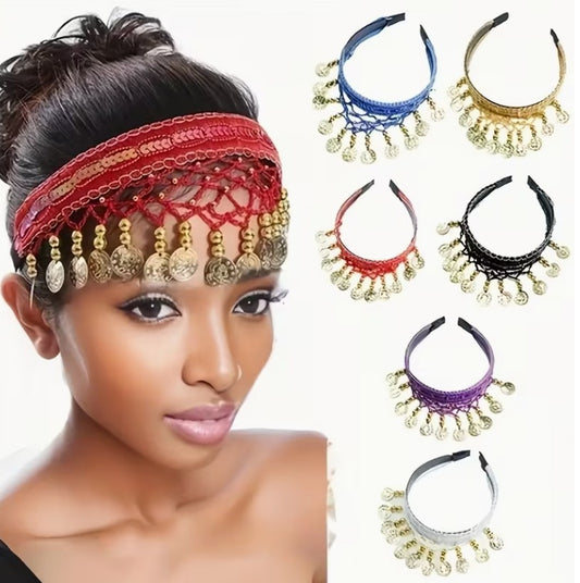 1 pc Elegant Belly Dance Head Chain with Coins & Feathers