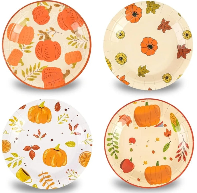 Autumn Pumpkin and Falling Leaves Paper Plates