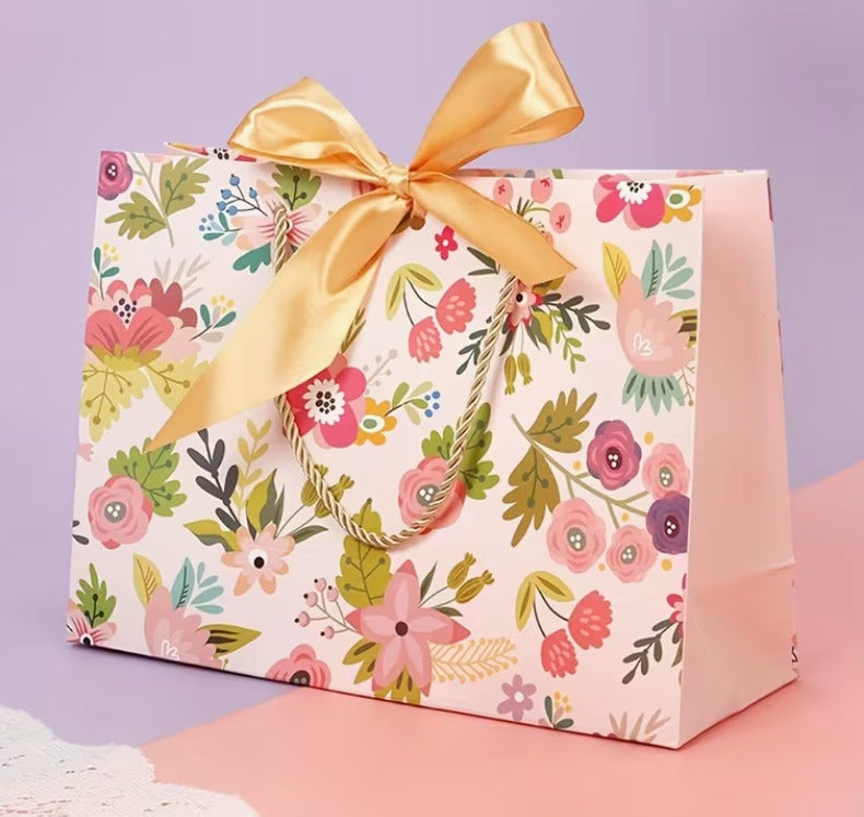 1pc Elegant Floral Pink Gift Bags with Golden Ribbon