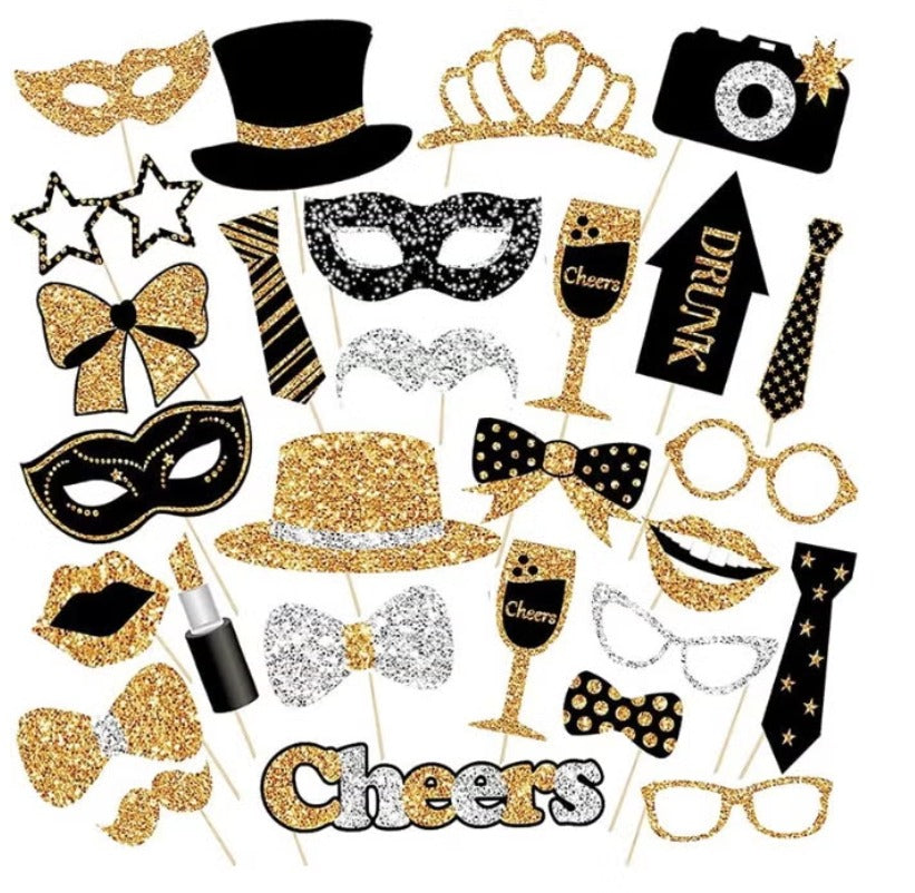 30pcs Black & Golden Photo Booth Props