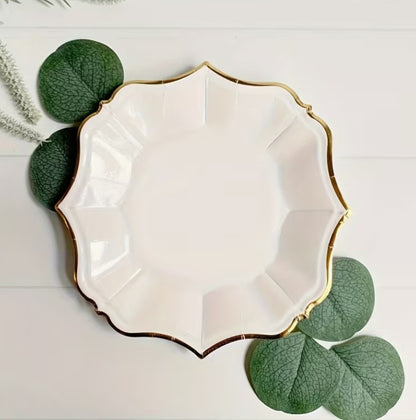 10 pcs Scalloped Paper Plate Set with Gold Foil Accents
