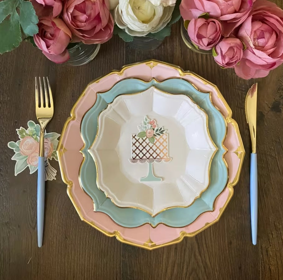 10 pcs Scalloped Paper Plate Set with Gold Foil Accents