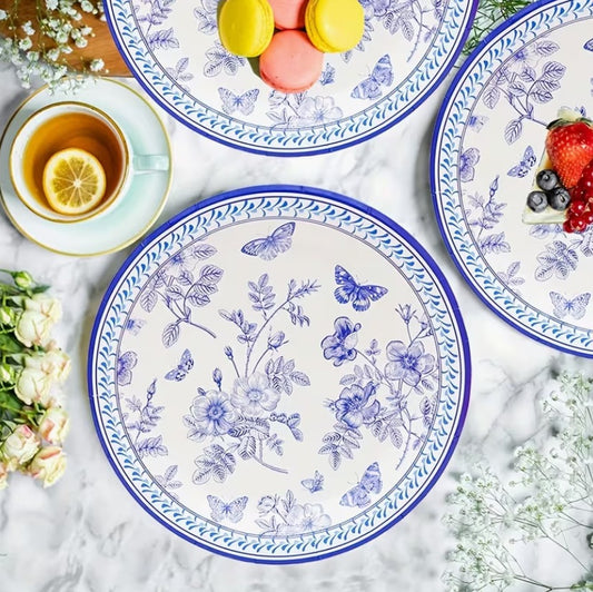 Elegant Blue & White Floral Paper Plates – 9" Round
