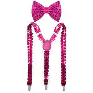 Rose Red Sequin Bow Tie & Suspenders