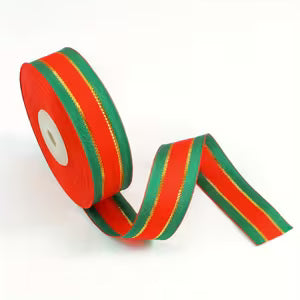 Double-Sided Golden Edge Red and Green Striped Glitter Ribbon