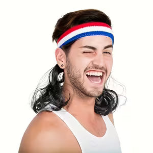 80s Mullet Style Wig with Headband - White/Red/Blue