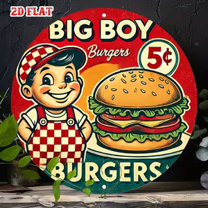 Round Classic Metal Sign - Retro Style Burger Themed