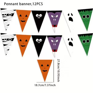 Halloween Triangle Flags - Spooky Ghosts, Witches, Pumpkins & Bats Design - Vibrant Orange, Black, Purple, White, Green Paper Hanging Decor for Yard, Garden, Party, Shower, Multi-Holiday Use (Halloween, Day of the Dead, Easter) -