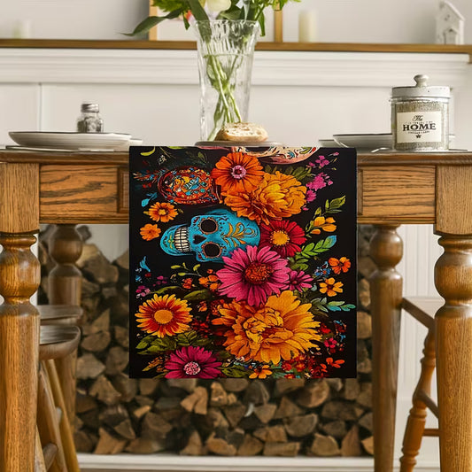 Mexican Sugar Skull Table Runner – Vibrant 2D Printed Party Décor