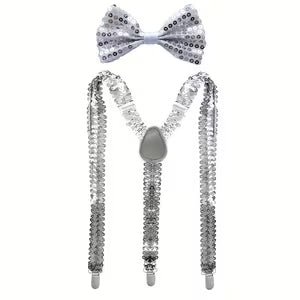 Silver Sequin Bow Tie & Suspenders