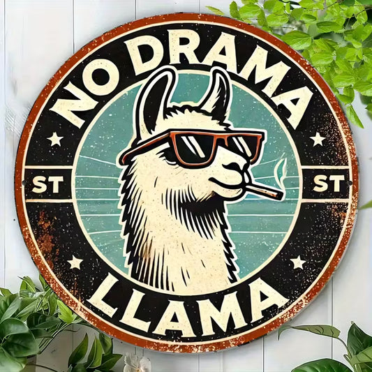 Round Vintage Aluminum Wall Art "Drama Llama
