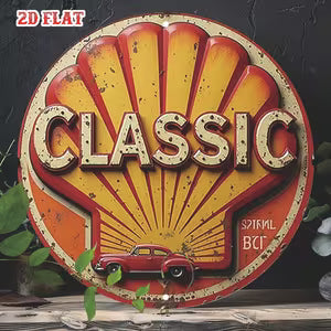 Round Vintage Metal Sign - Classic Car Design