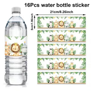 8/16pcs Jungle Animal Water Bottle Stickers - Featuring Lions, Giraffes, and Vibrant Green & Golden Tropical Leaf Texture Designs - Perfect for Birthday Party Decorations, Wedding Party Animal-Themed Decor, Gift Shower D Word (Jungle Animals - 16pcs)
